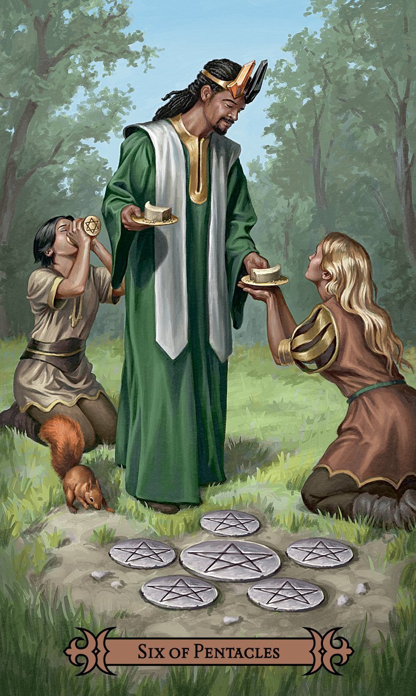 Six of Pentacles card with robed figure and coins, Modern Spellcasters Tarot — Eternal Spirit