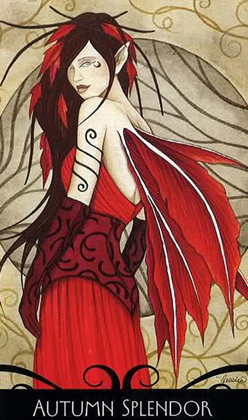 Enchanted Oracle deck, Autumn Splendor card with ethereal woman in autumn forest setting — Eternal Spirit