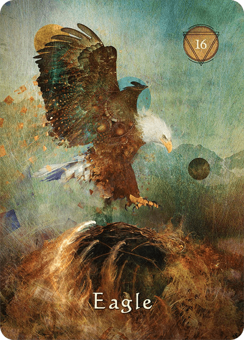 Mystical Shaman Oracle deck, Eagle card with golden raptor soaring above misty mountain landscape — Eternal Spirit