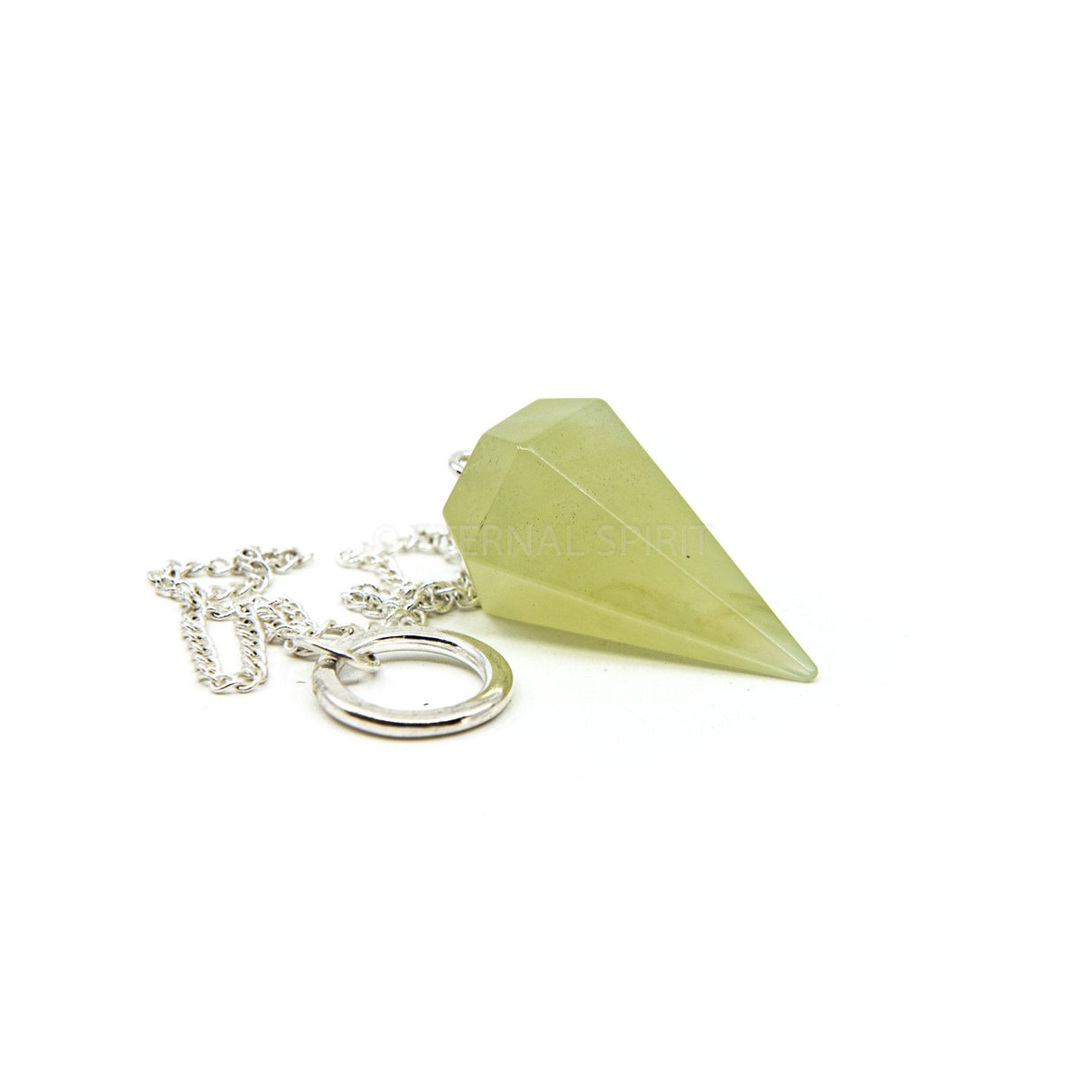 Close-up of Jade large faceted pendulum, rich green stone detail — Eternal Spirit