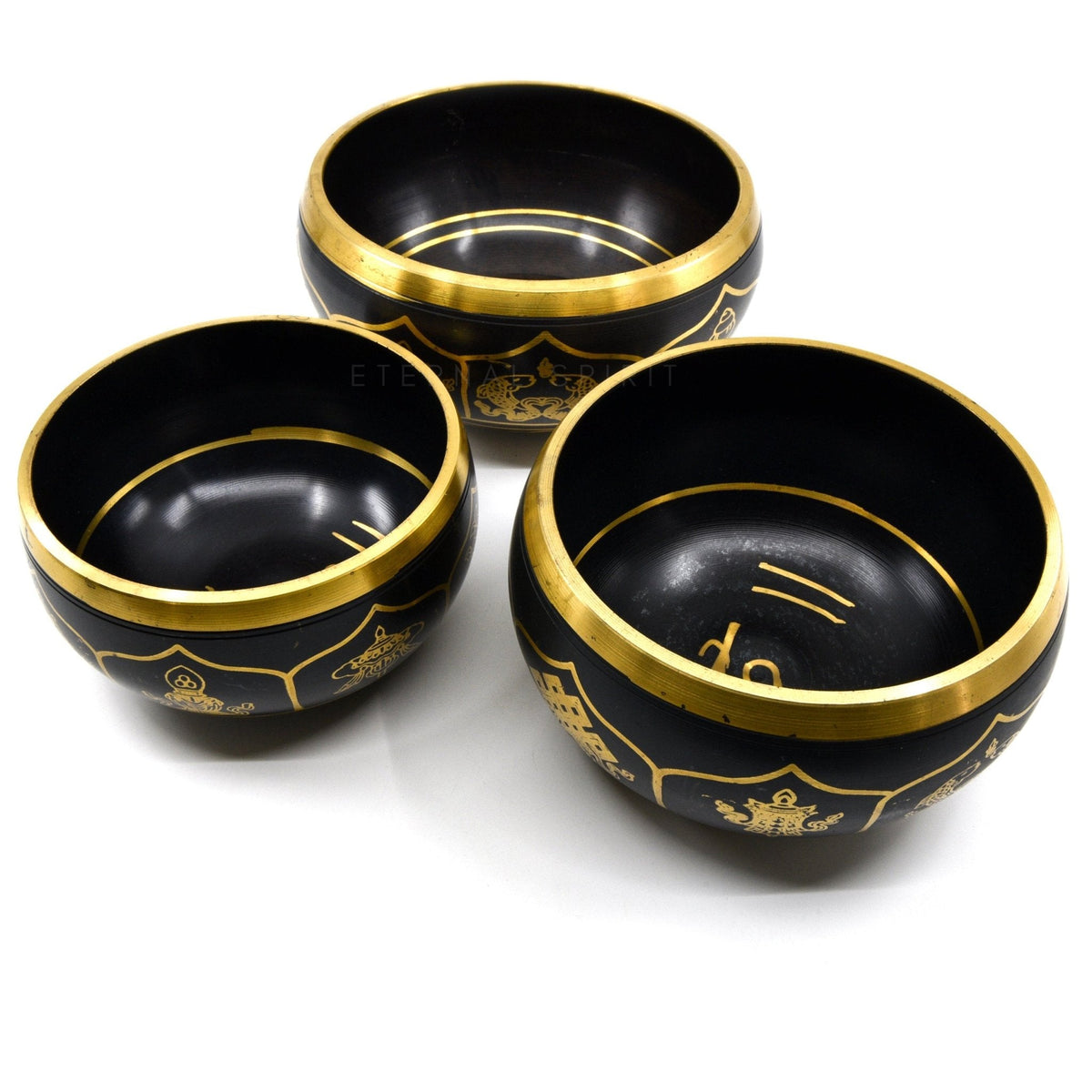 Black & Gold Auspicious NIM11C Crown chakra bowl (15cm) from another angle, golden warmth — Eternal Spirit