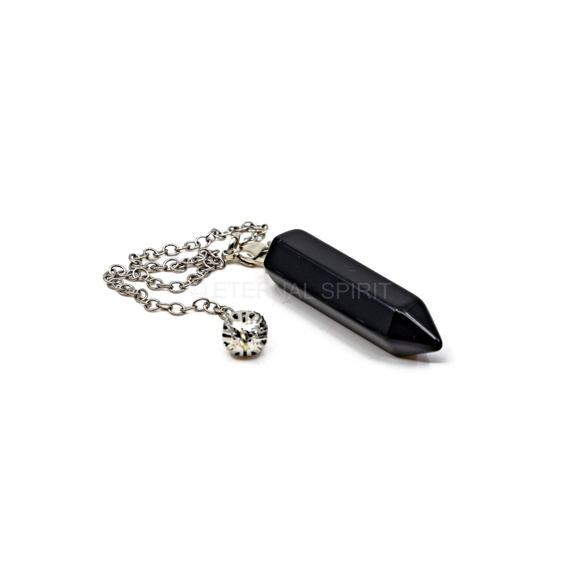 Close-up of Obsidian (Black) generator point pendulum, glossy black stone detail — Eternal Spirit