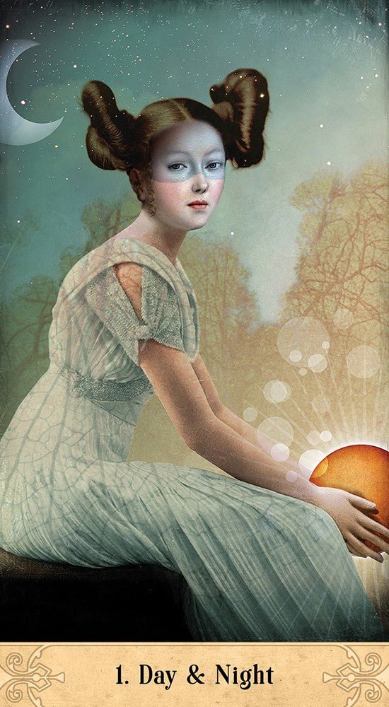 Oracle Of Mystical Moments deck, Day and Night card with doll-like figure holding glowing moon sphere — Eternal Spirit