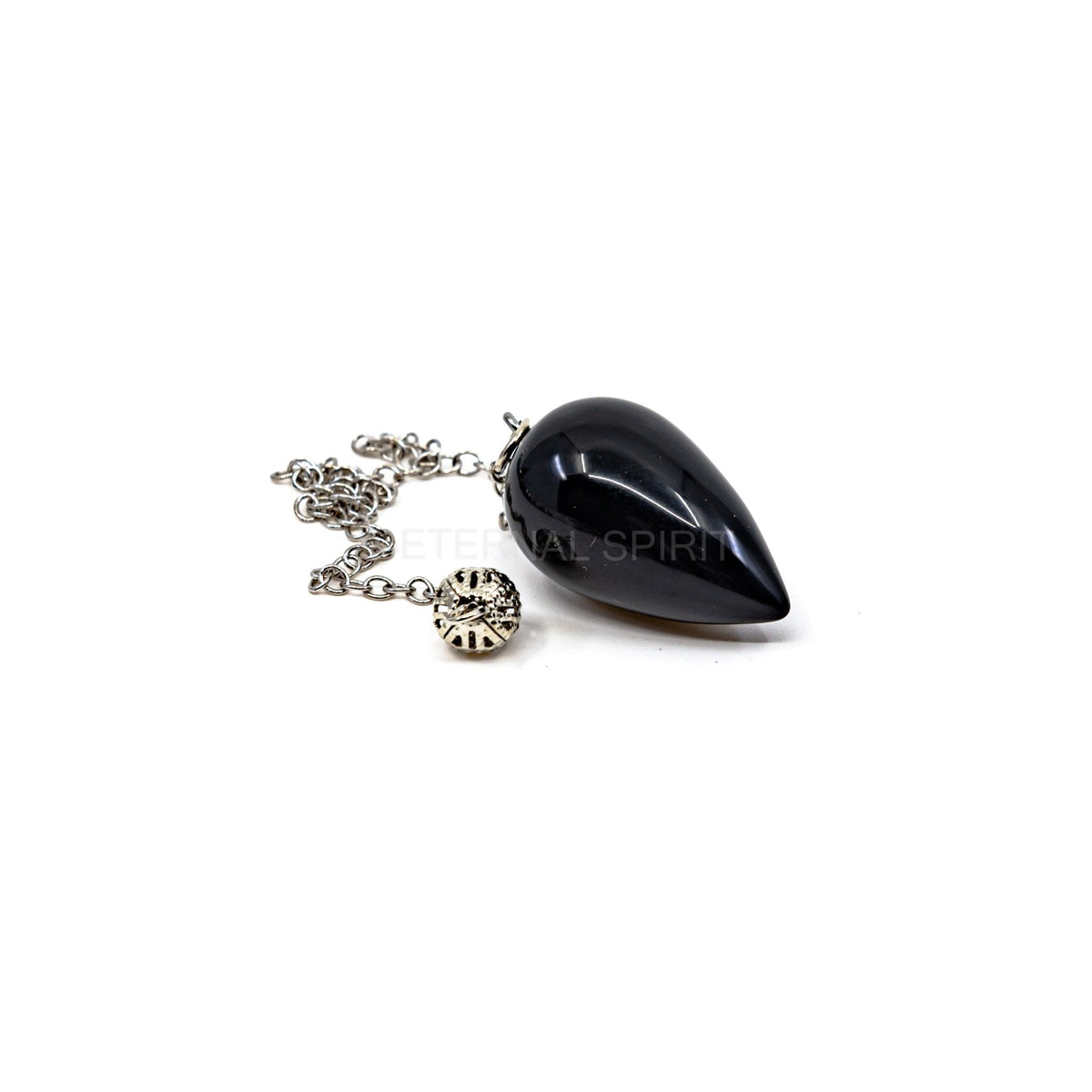 Close-up of Onyx (Black) teardrop pendulum, sleek black stone detail — Eternal Spirit