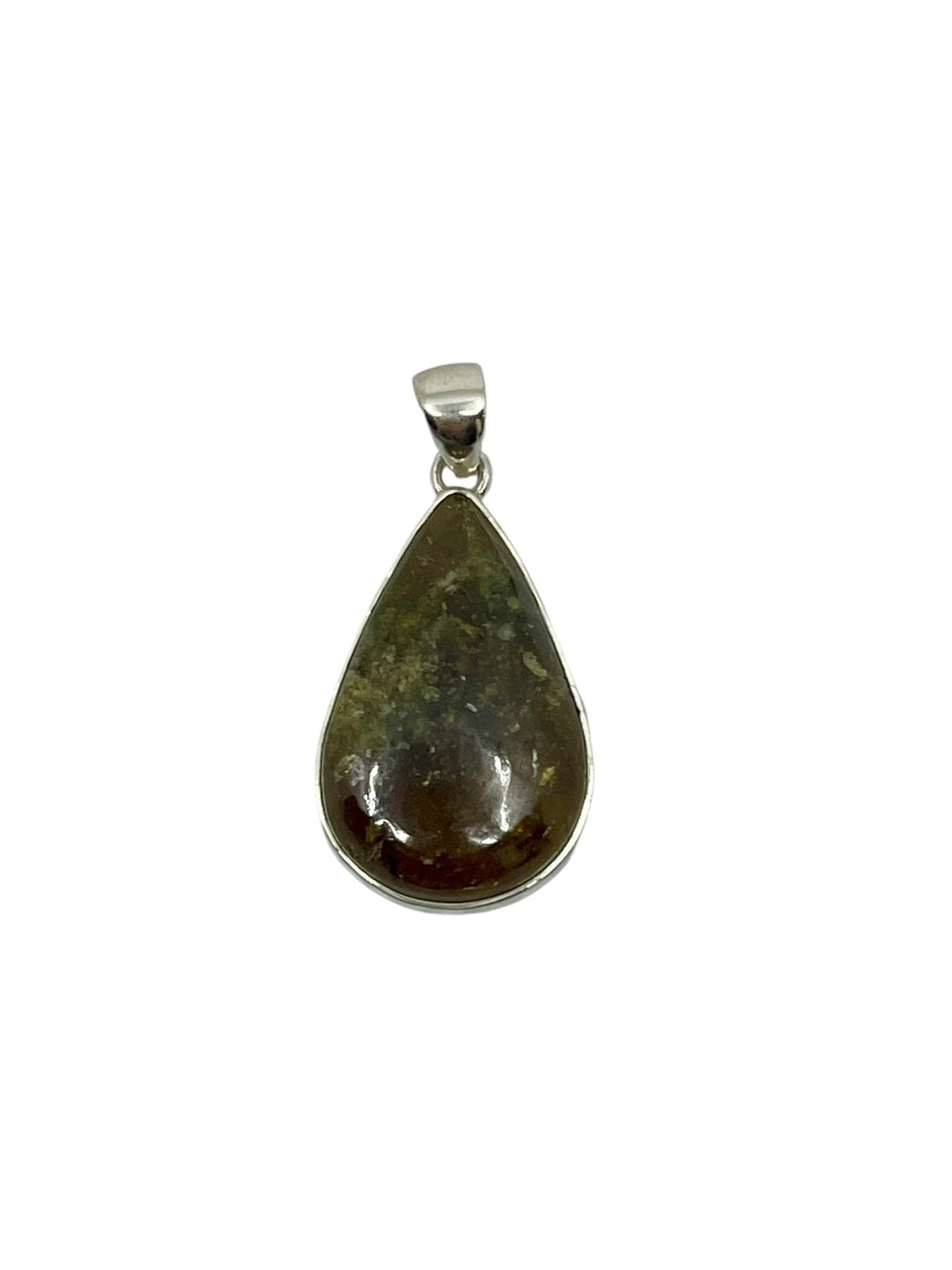 garnet (green) cabochon teardrop pendant, front view highlighting unique stone patterns — Eternal Spirit