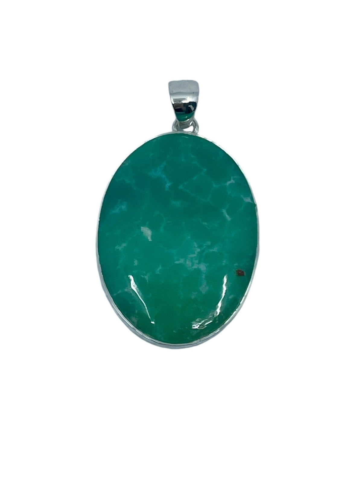 chrysoprase cabochon oval pendant, front view showing natural stone face — Eternal Spirit