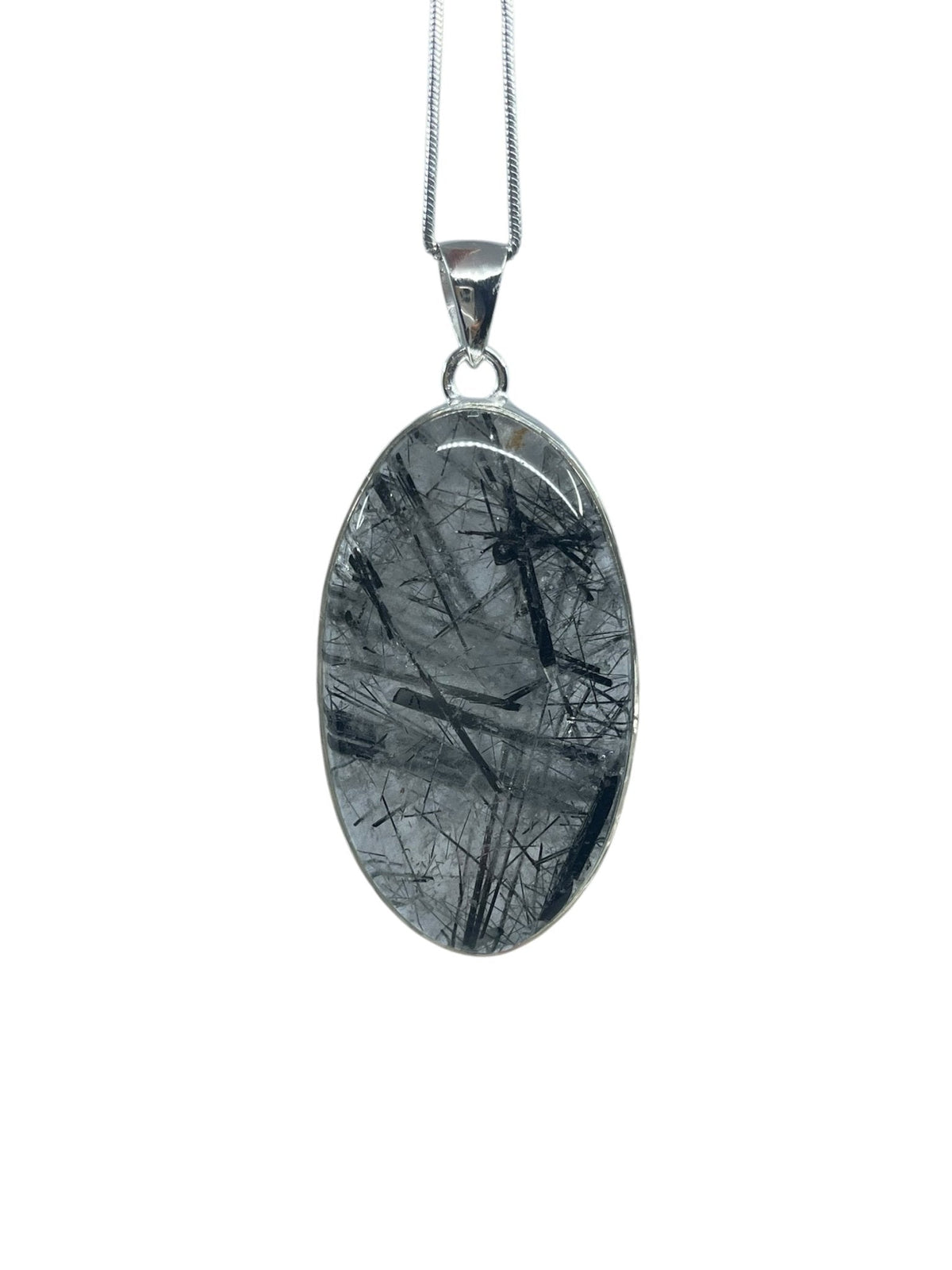 quartz (tourmalinated) cabochon oval pendant with sterling silver bail — Eternal Spirit