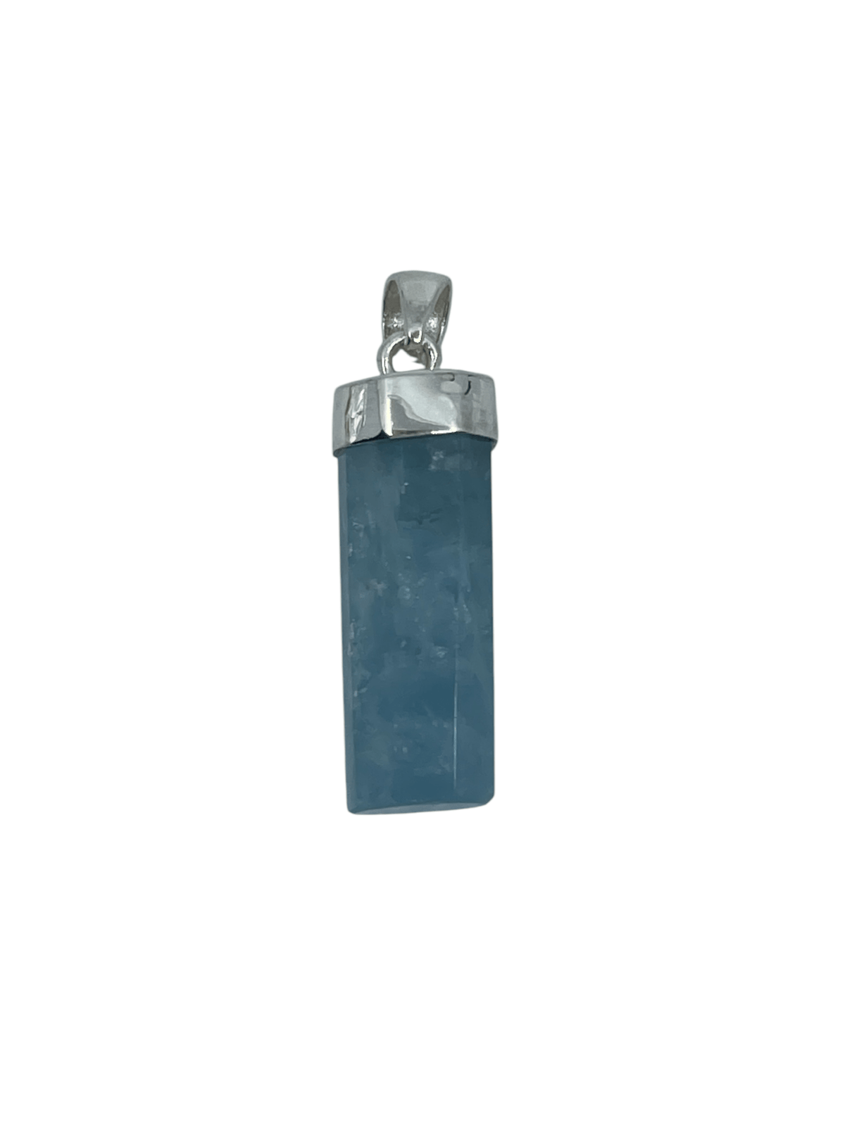 aquamarine polished pencil pendant, front view highlighting unique stone patterns — Eternal Spirit