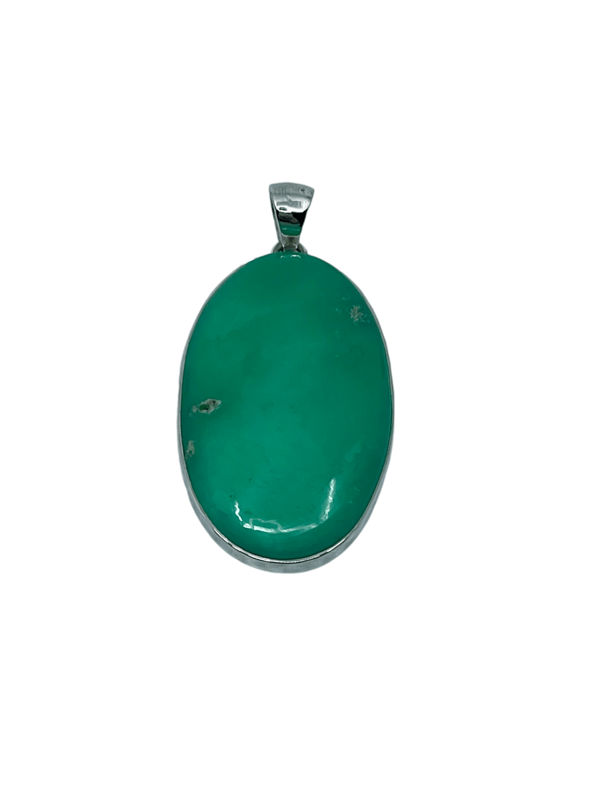 chrysoprase cabochon oval pendant, front view highlighting unique stone patterns — Eternal Spirit
