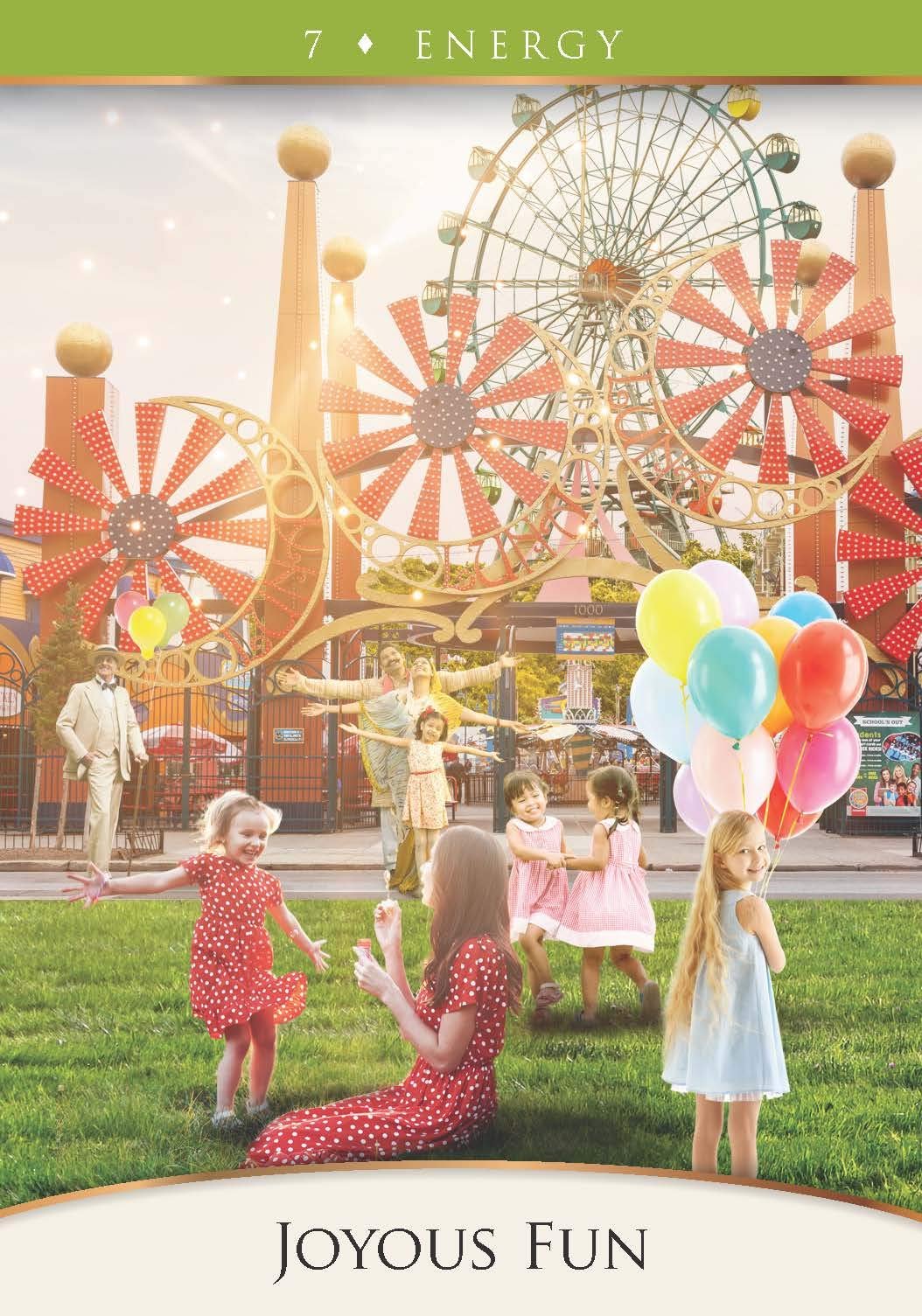 The Quantum Oracle deck, Joyous Fun card showing children dancing in sunlit meadow with butterflies — Eternal Spirit
