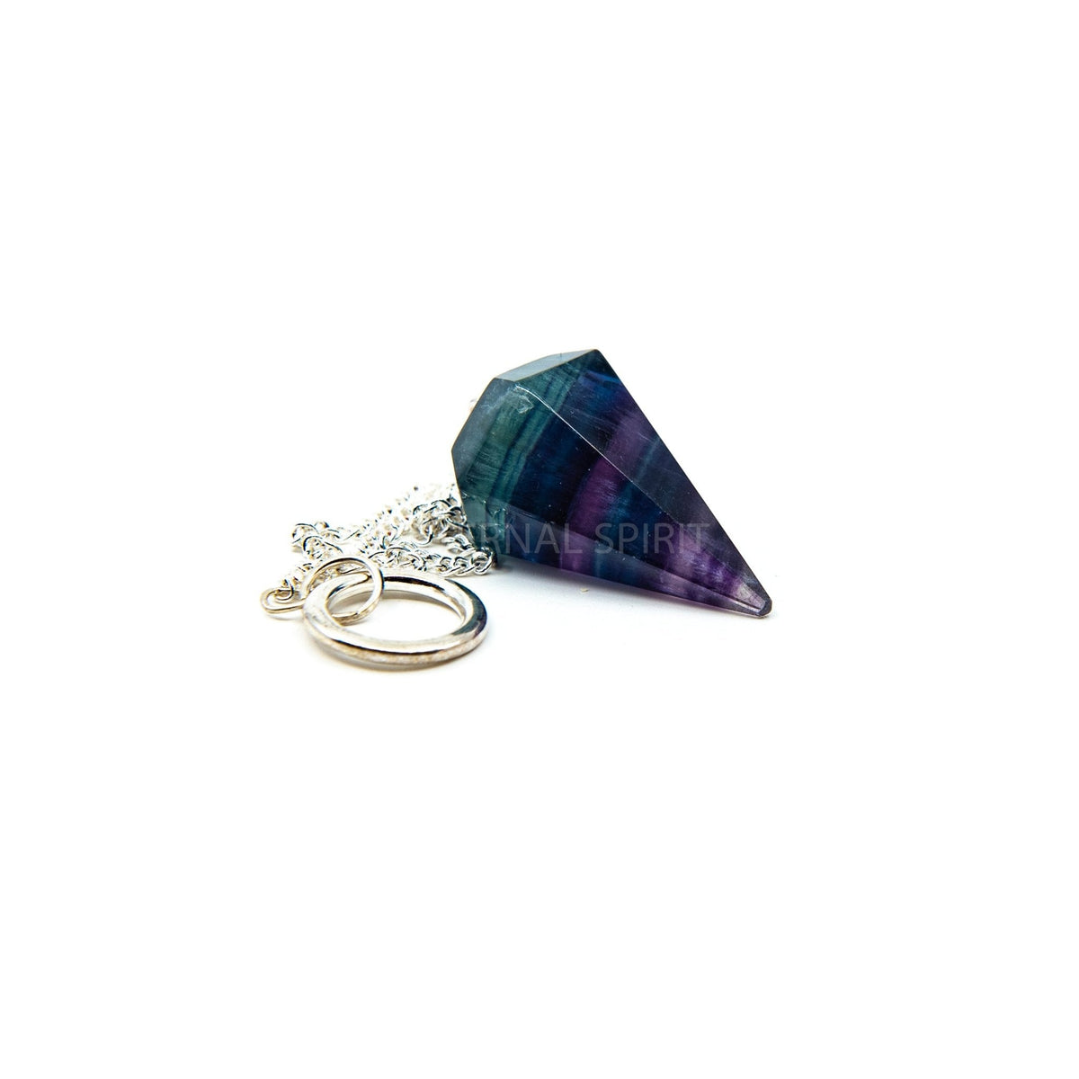 Close-up of Fluorite (Rainbow) large faceted pendulum, rainbow-hued stone detail — Eternal Spirit