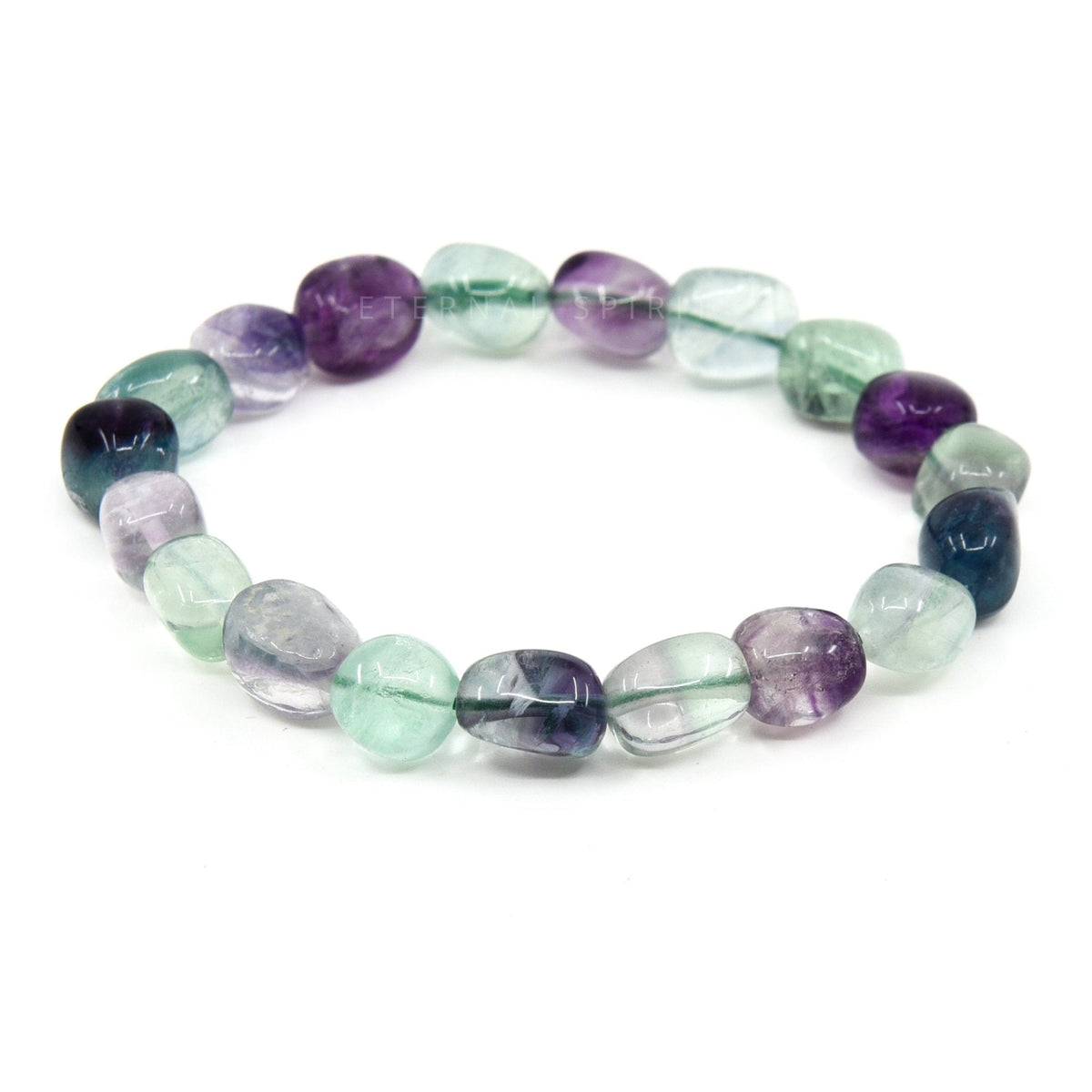 polished Fluorite (Rainbow) tumbled round bead bracelet on white background — Eternal Spirit
