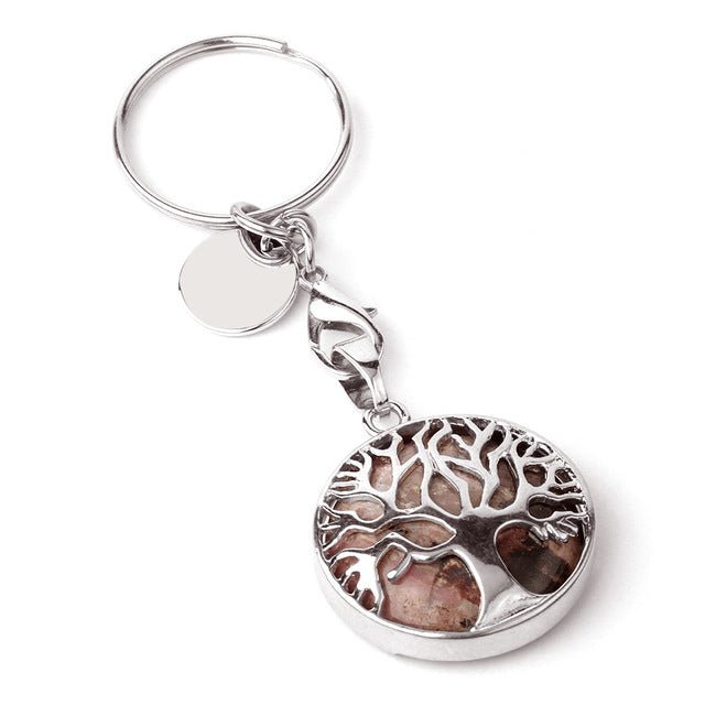 Rosy Pink With Black Veining Rhodonite Tree of Life crystal key ring — Eternal Spirit