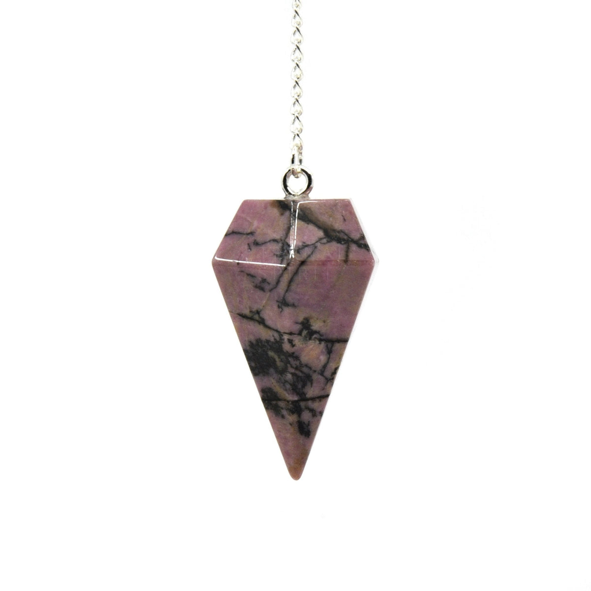 Rosy Pink With Black Veining Rhodonite large faceted pendulum on silver chain — Eternal Spirit