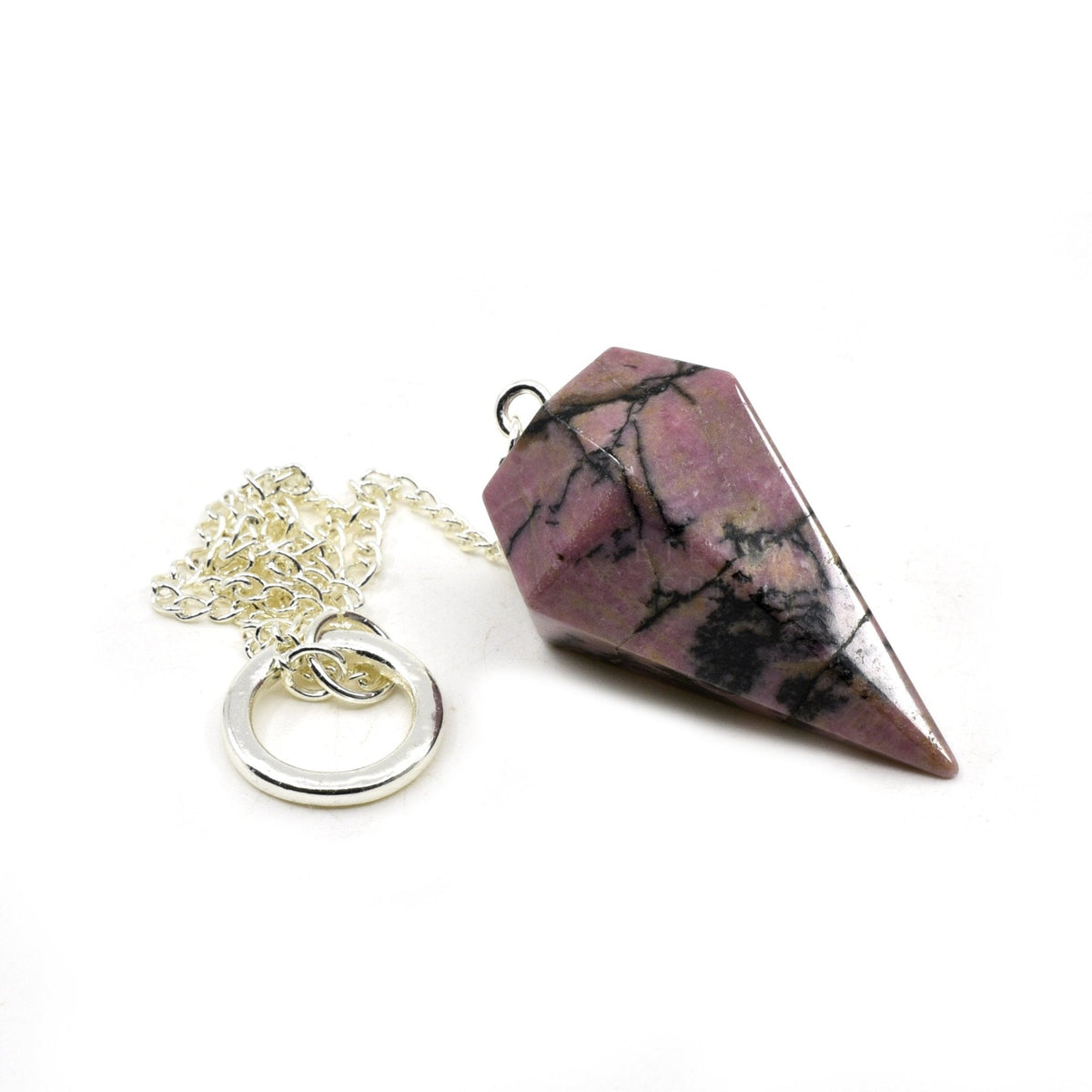 Close-up of Rhodonite large faceted pendulum, rosy pink with black veining stone detail — Eternal Spirit