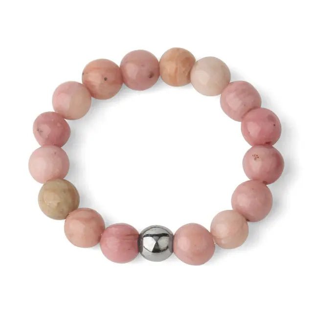Rhodonite finger bracelet showing polished stone beads — Eternal Spirit