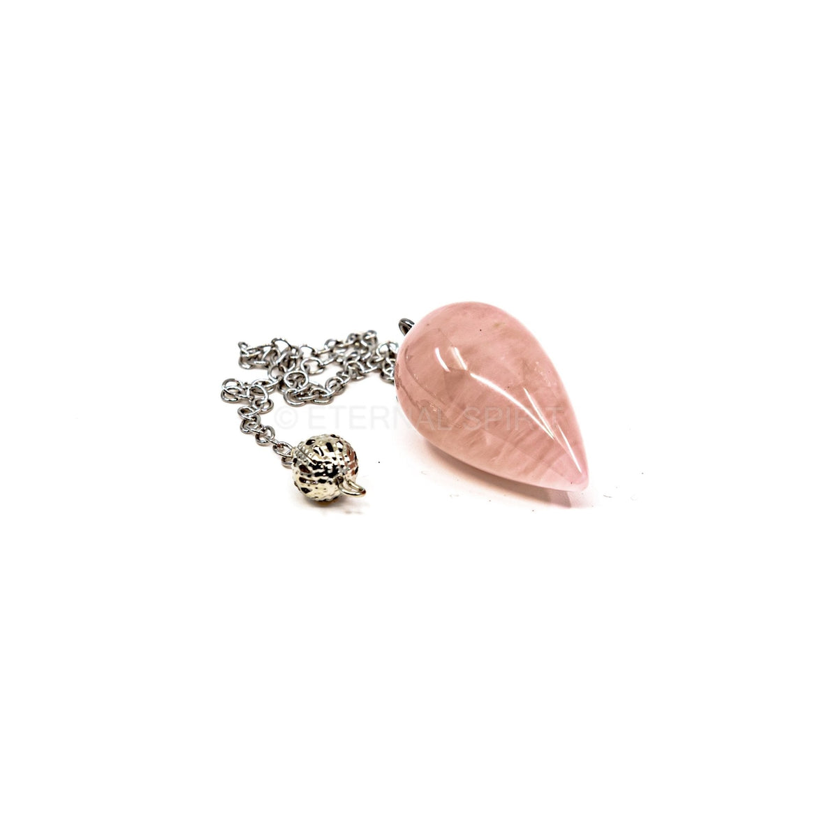 Close-up of Quartz (Rose) teardrop pendulum, soft pink stone detail — Eternal Spirit