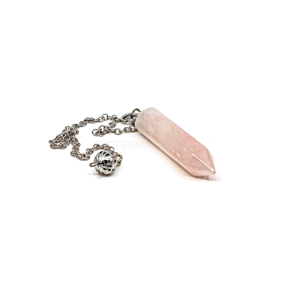 Close-up of Quartz (Rose) generator point pendulum, soft pink stone detail — Eternal Spirit