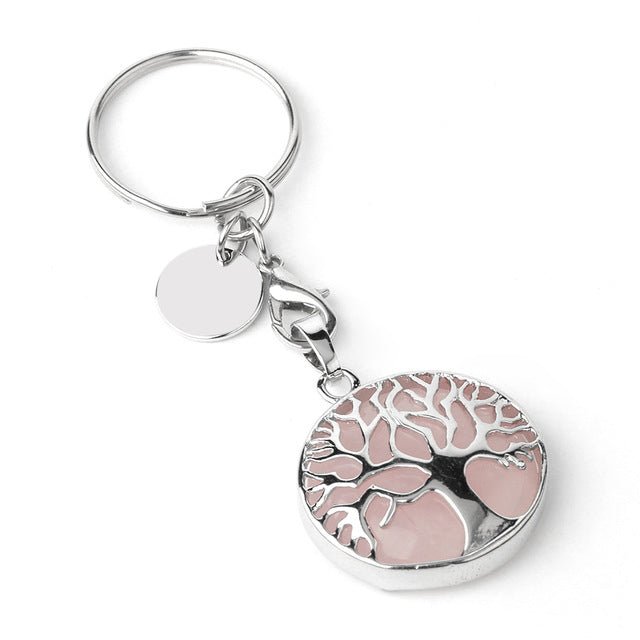 Soft Pink Quartz (Rose) Tree of Life crystal key ring — Eternal Spirit