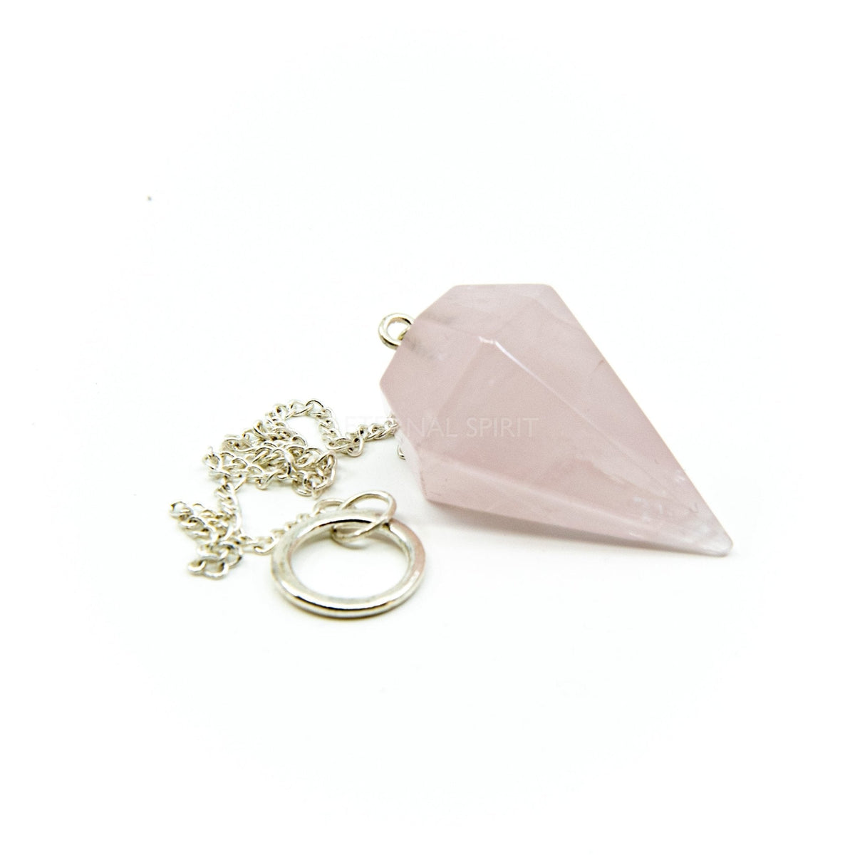 Quartz (Rose Aura) large faceted pendulum, shimmering pink texture and chain detail — Eternal Spirit