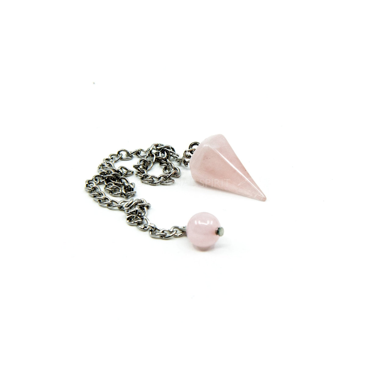 Close-up of Quartz (Rose) small faceted pendulum, soft pink stone detail — Eternal Spirit