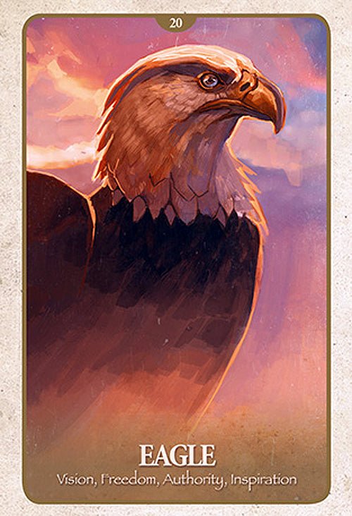Secret Language Of Animals Oracle deck, Eagle card with majestic golden raptor and vision freedom keywords — Eternal Spirit