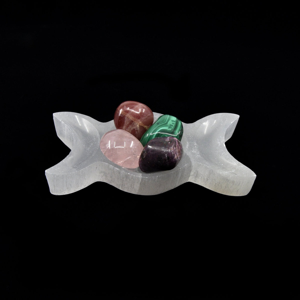 luminous white Selenite charging bowl with Triple Moon design, viewed from above — Eternal Spirit