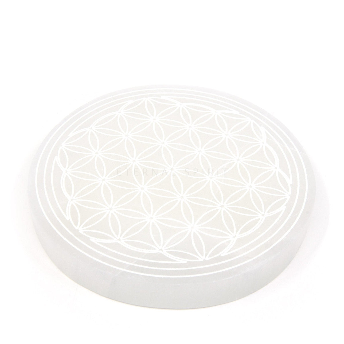 luminous white Selenite charging plate with Flower of Life design, showcasing natural beauty — Eternal Spirit