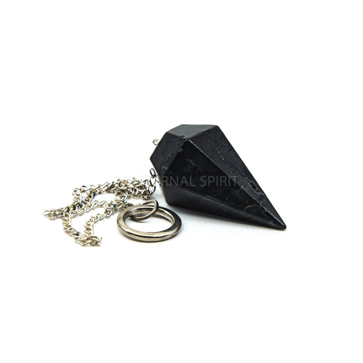 Close-up of Shungite large faceted pendulum, deep charcoal stone detail — Eternal Spirit