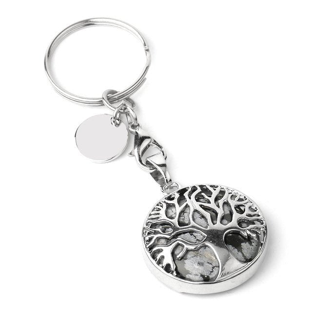 Black With White Snowflakes Obsidian (Snowflake) Tree of Life crystal key ring — Eternal Spirit