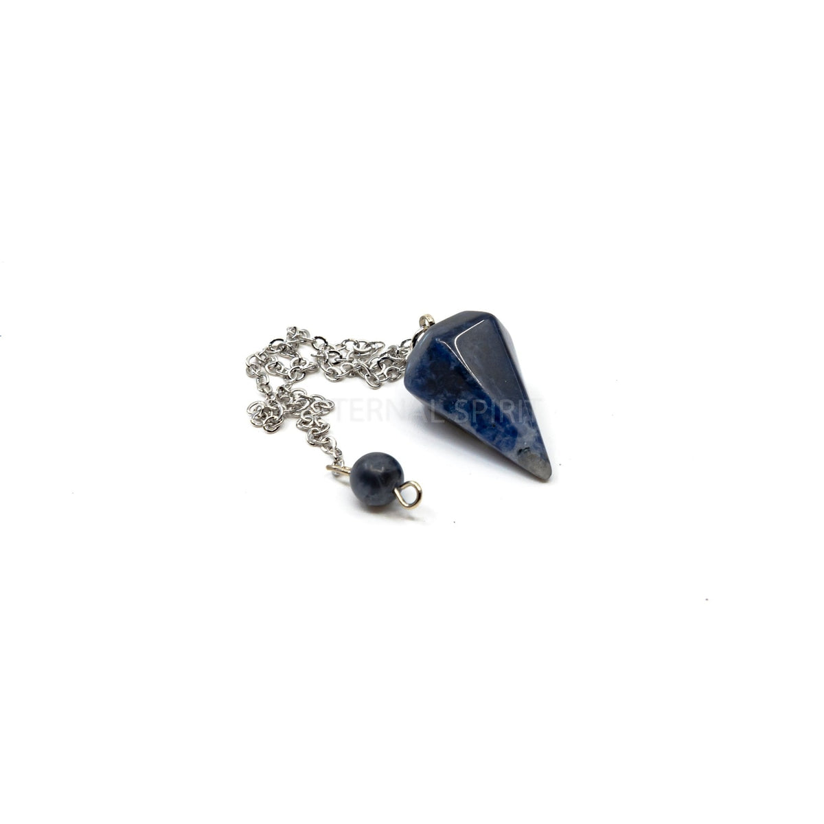Close-up of Sodalite small faceted pendulum, deep blue stone detail — Eternal Spirit