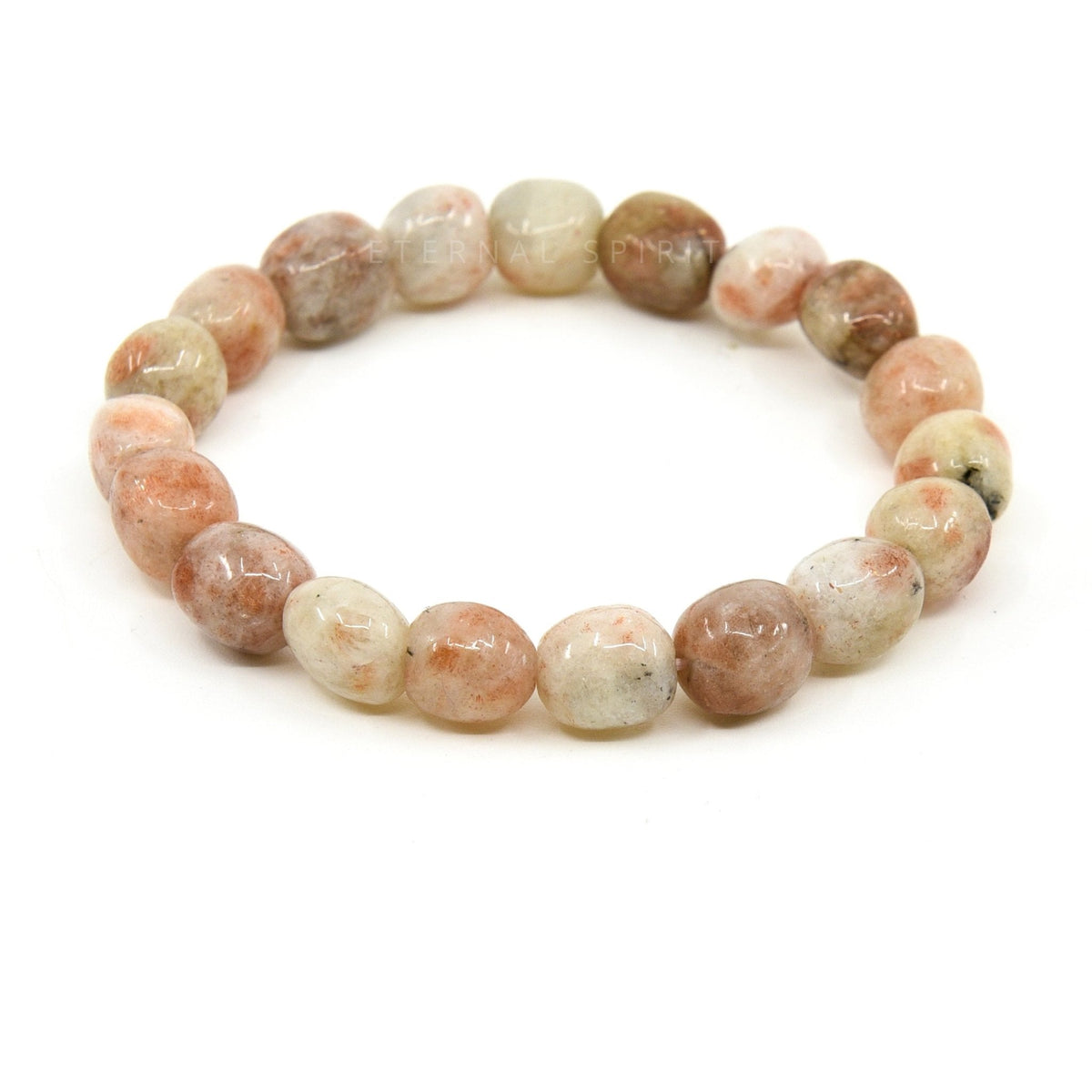 polished Sunstone tumbled round bead bracelet on white background — Eternal Spirit