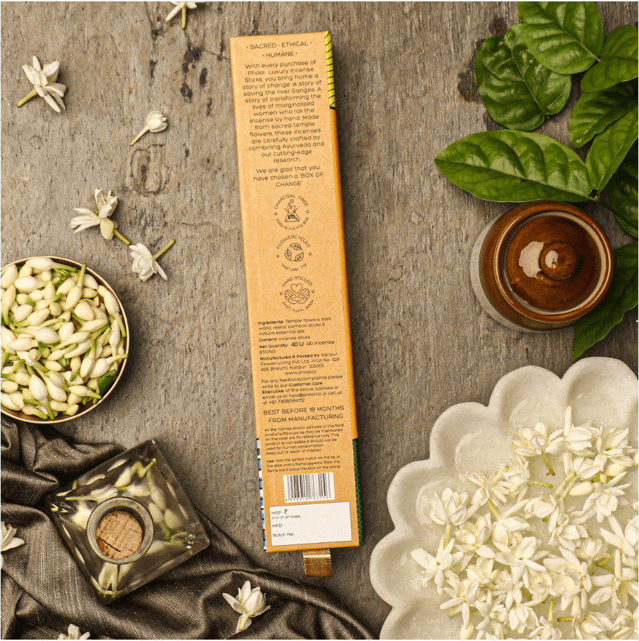 phool "jasmine" luxury incense sticks, packaging reverse showing ingredient details on rustic wood — Eternal Spirit