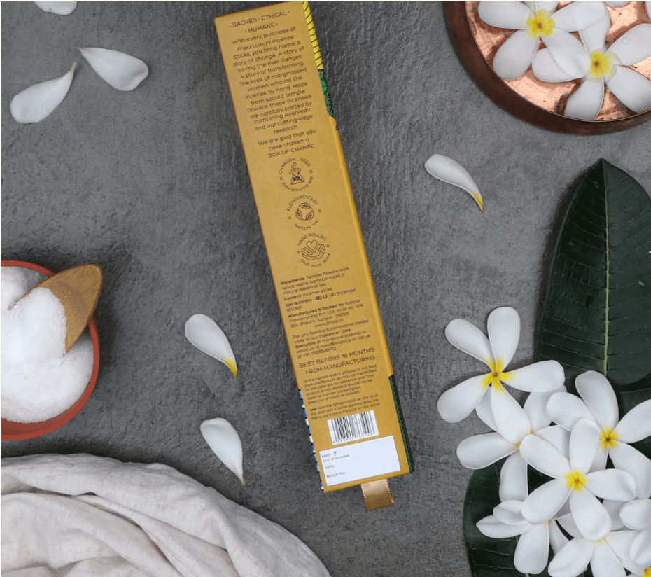 phool "nag champa" luxury incense sticks, packaging reverse showing ingredient details on rustic wood — Eternal Spirit