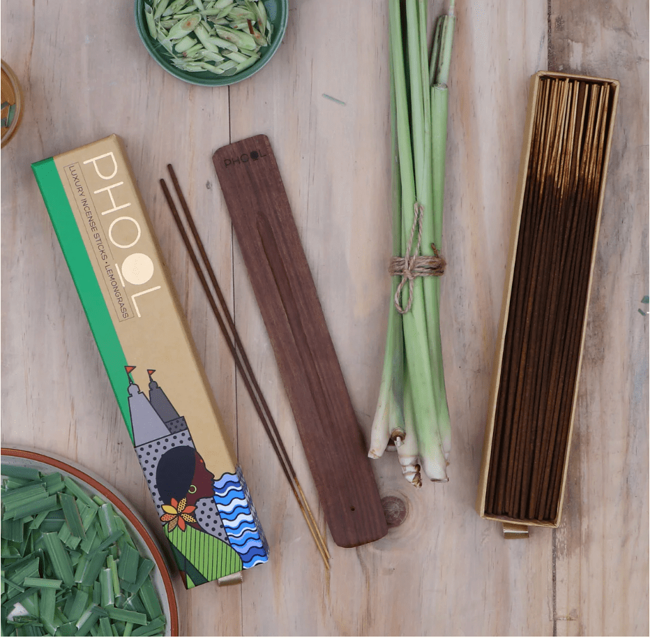 phool "lemongrass" luxury incense sticks, luxury packaging styled with botanicals on rustic wood — Eternal Spirit