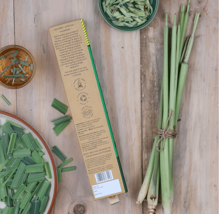 phool "lemongrass" luxury incense sticks, packaging reverse showing ingredient details on rustic wood — Eternal Spirit