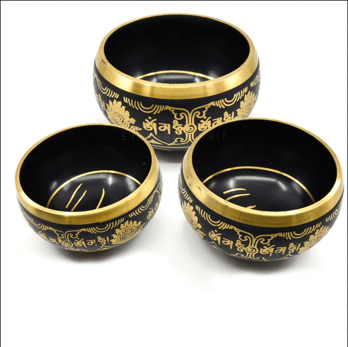 Black & Gold Om Mani Third Eye chakra bowl (14.5cm) from another angle, golden warmth — Eternal Spirit