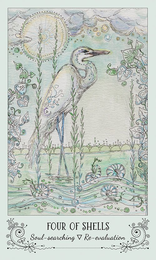 Four of Shells card with aquatic scene and delicate shells, Spiritsong Tarot — Eternal Spirit