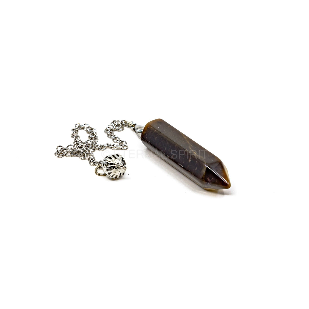 Close-up of Tiger Eye (Yellow) generator point pendulum, golden-banded stone detail — Eternal Spirit