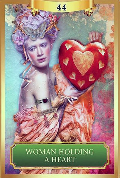 Energy Oracle deck, Woman Holding a Heart card number 44 with red heart imagery — Eternal Spirit