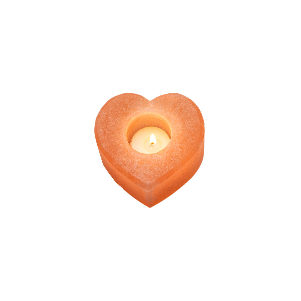 Himalayan salt heart tealight holder, warm amber glow — Eternal Spirit