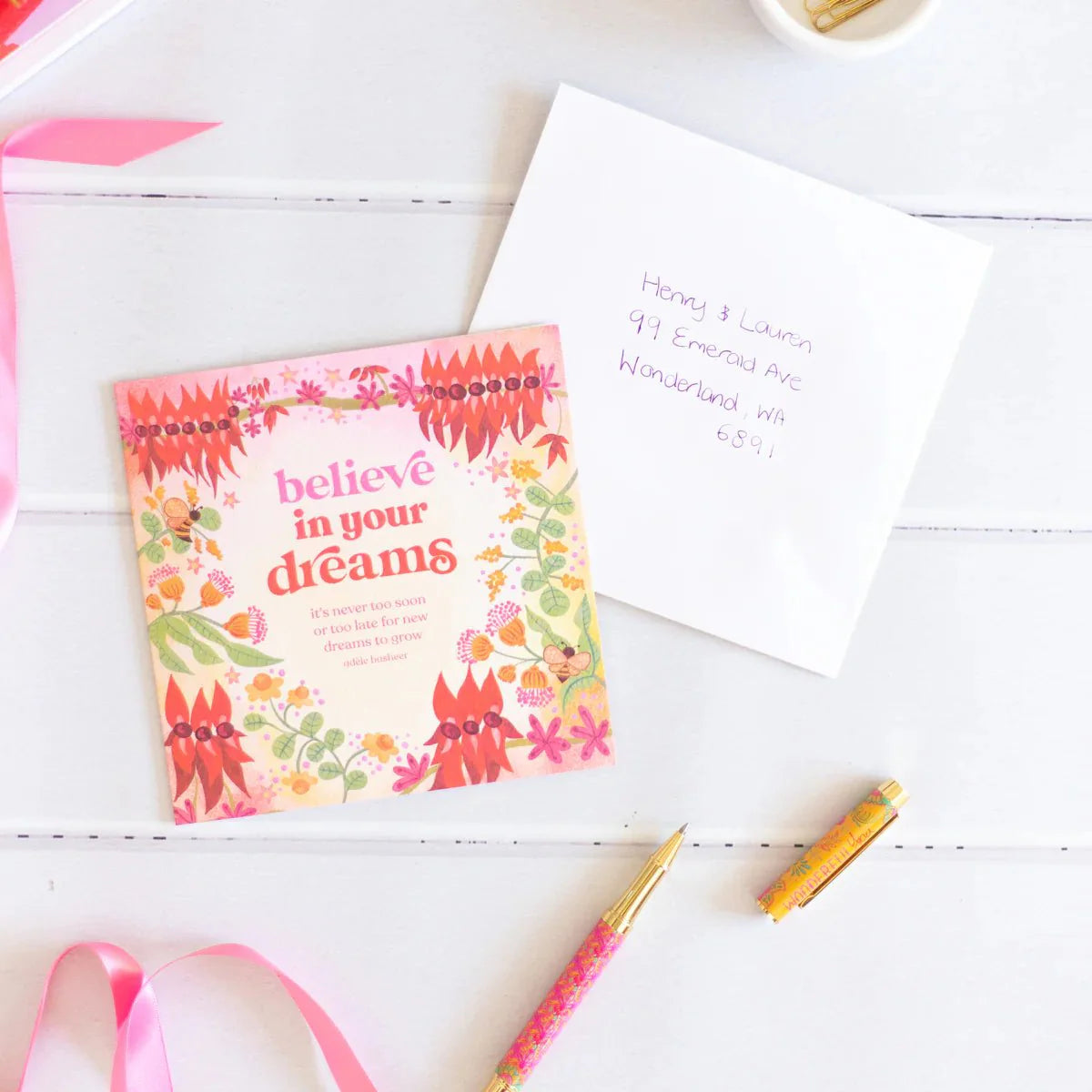Blissful Blooms Believe In Your Dreams card in a styled lifestyle setting — Eternal Spirit
