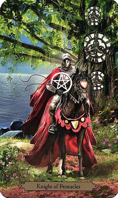 Knight of Pentacles card with figure in forest clearing, Wizards Tarot — Eternal Spirit