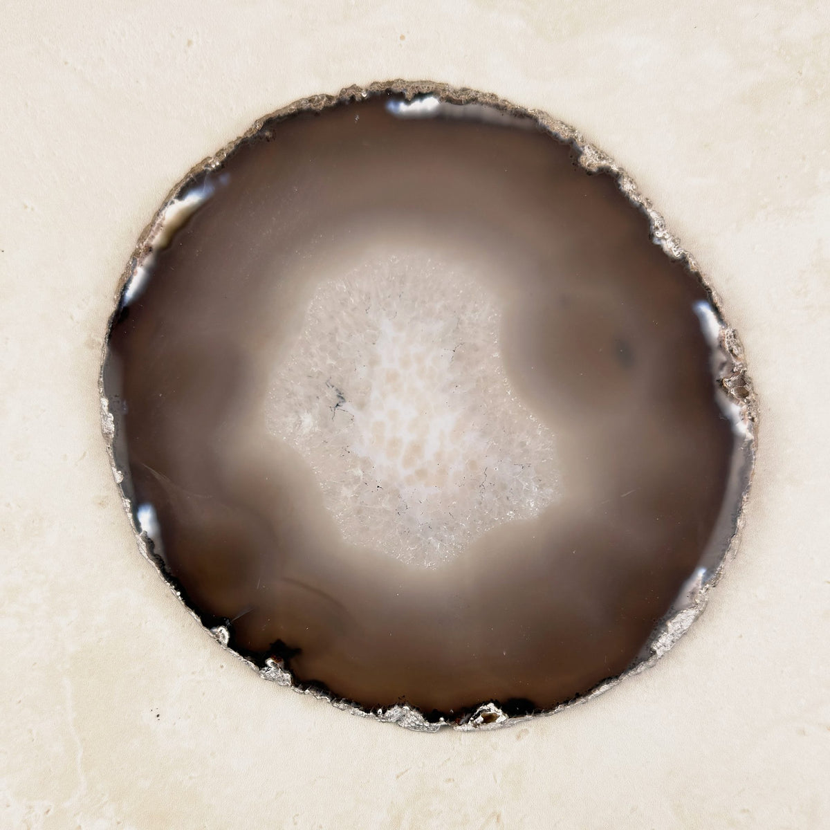 Agate crystal slice 14cm, natural smoky brown with a soft white centre, viewed from above — Eternal Spirit