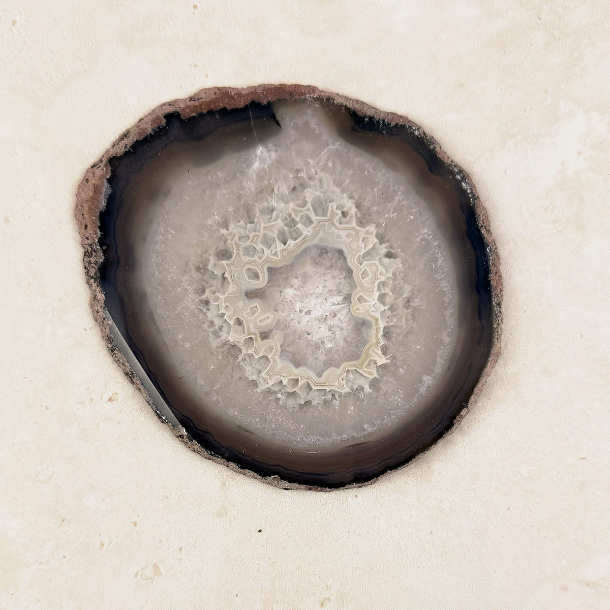 Agate crystal slice 11cm, natural grey and white bands with a lacy crystal centre, from above — Eternal Spirit