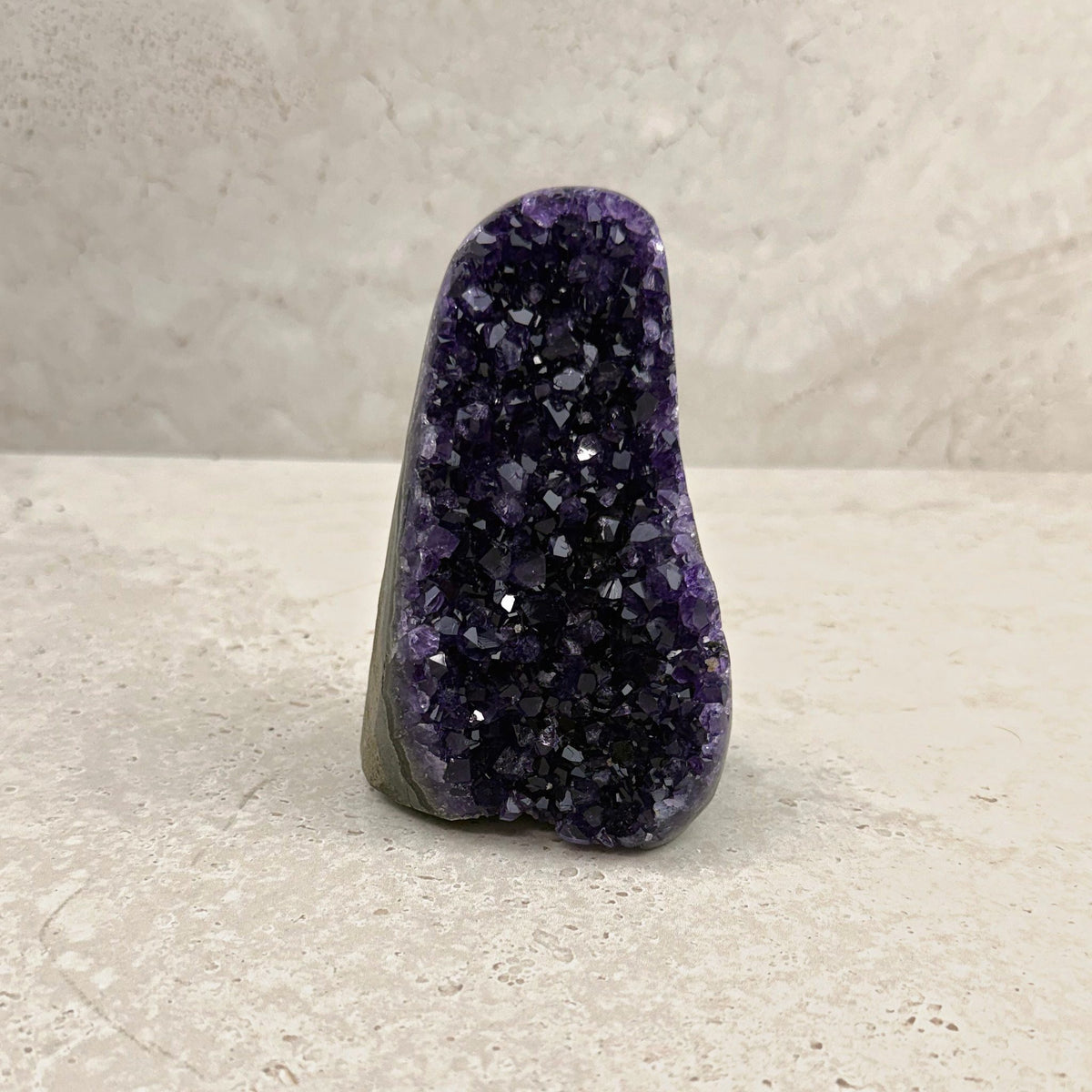 Base cut amethyst crystal 11.5cm, tall rounded arch of purple crystals, front view — Eternal Spirit