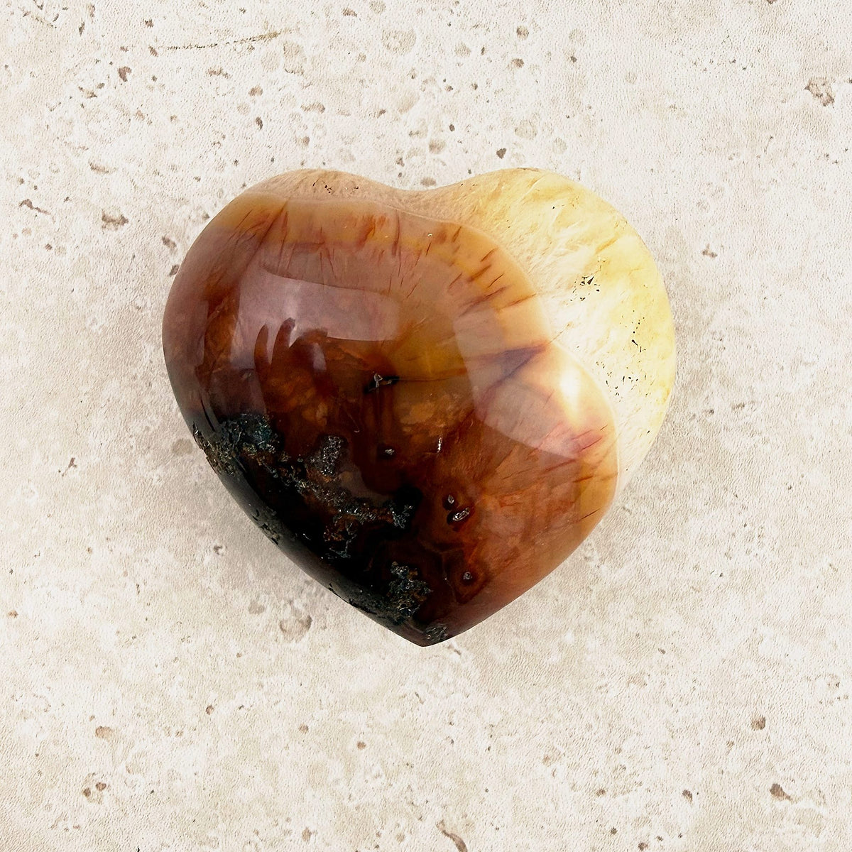 Banded carnelian crystal heart 6cm, chestnut, cream and red-brown bands, another angle — Eternal Spirit