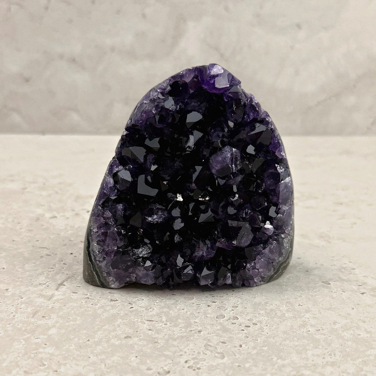 Base cut amethyst crystal 10cm, bell shape of dark purple crystals, front view — Eternal Spirit