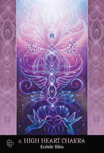 Beyond Lemuria Oracle deck, High Heart Chakra card with luminous figure in purple and teal light — Eternal Spirit