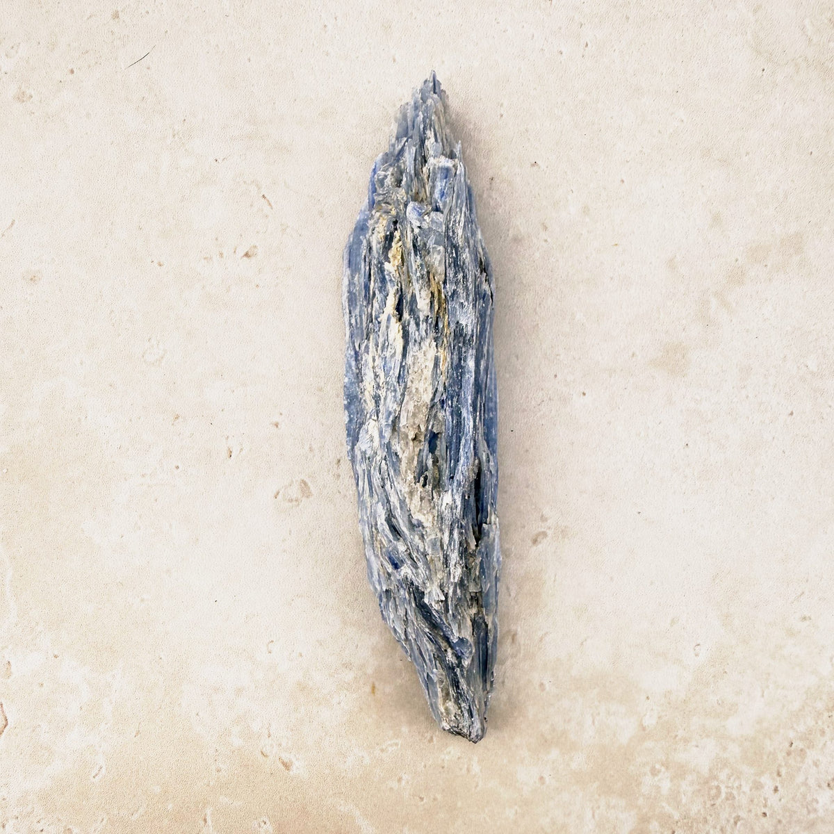 Blue kyanite natural crystal blade 11cm, ridged blue and grey blades, viewed lengthways — Eternal Spirit